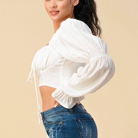 OFF SHOULDER WHITE BALLOON SLEEVE CROP CORSET TOP - Picture 3 of 5